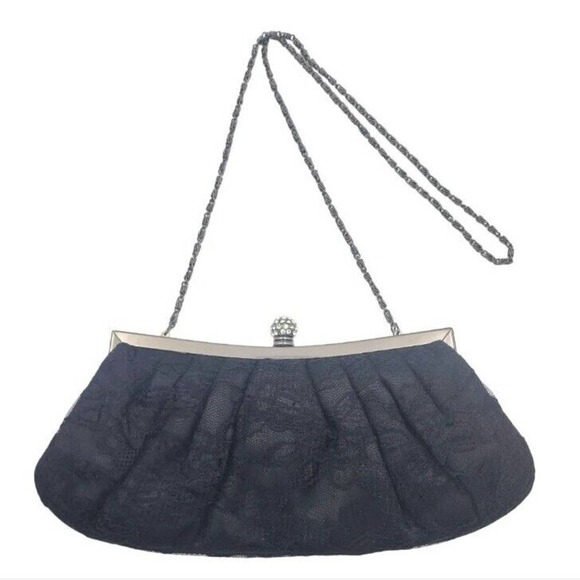 Black Lace Evening Clutch Purse Shoulder Bag Rhinestone Closure Chain Strap - Picture 5 of 7